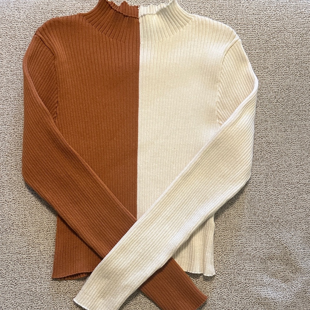 Say What? Brown and Cream Ribbed Turtleneck Sweater